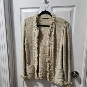 J.Mclaughlin Large Open Front Cardigan Sweater Cotton Blend Fringed